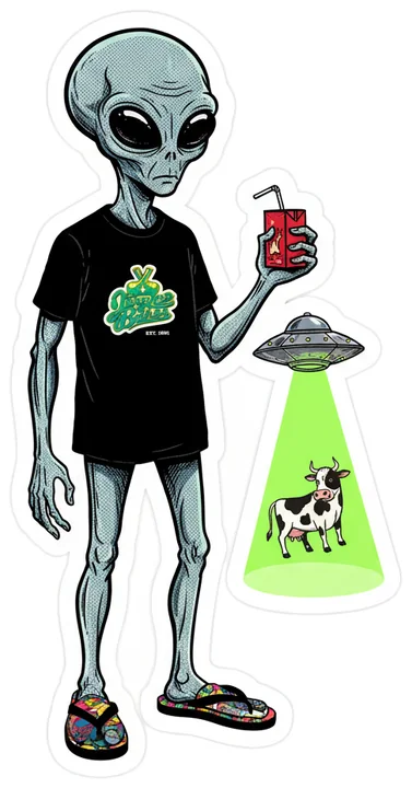 Gray, Beaming up a cow with a tiny saucer, sipping a juice box.