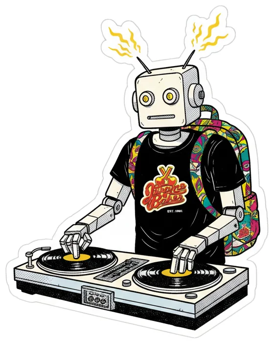 Baker Bot, DJing on two turntables, antenna sparking.