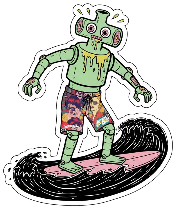 Crude, Surfing a wave of black oil in board shorts.