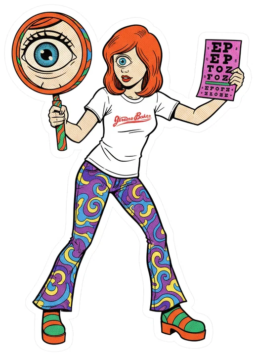 Cy, Reading an eye chart through a magnifying glass.
