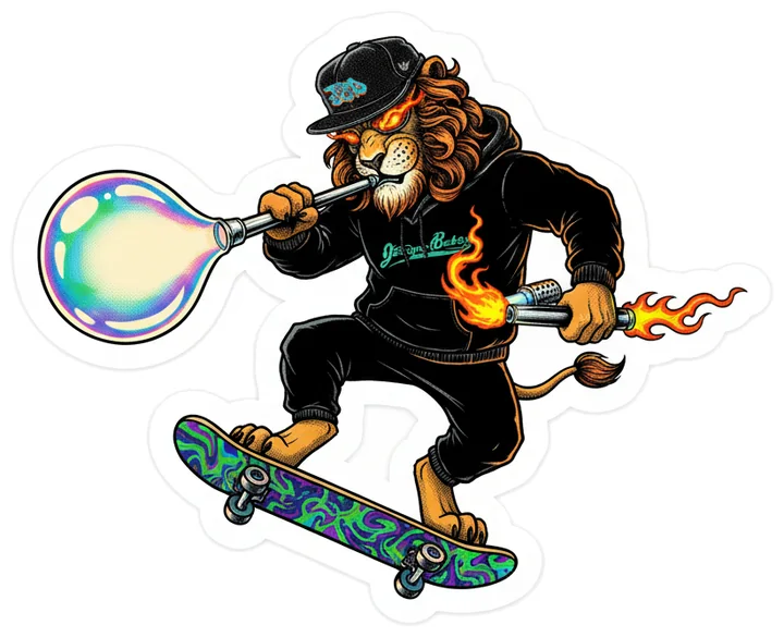 Torch, Pulling a glass bubble off a blowpipe. On a skateboard.