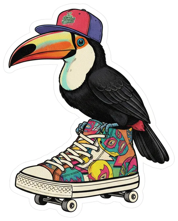 Two-Can, Riding a single giant high top like a skateboard.