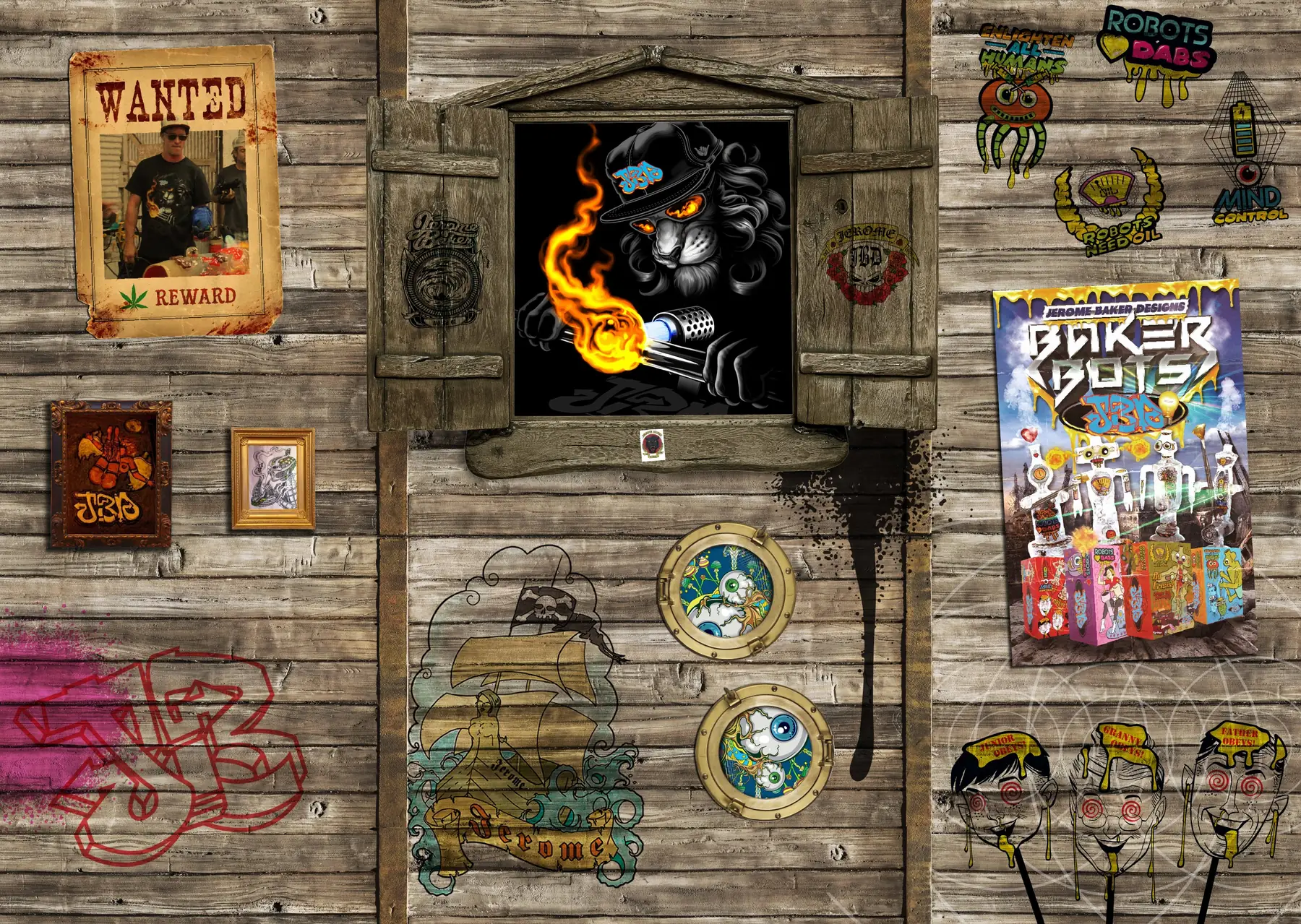 The Jerome Baker booth wall: the lion on the torch in the window, a wanted poster, Baker Bots and the hypno heads on barn wood